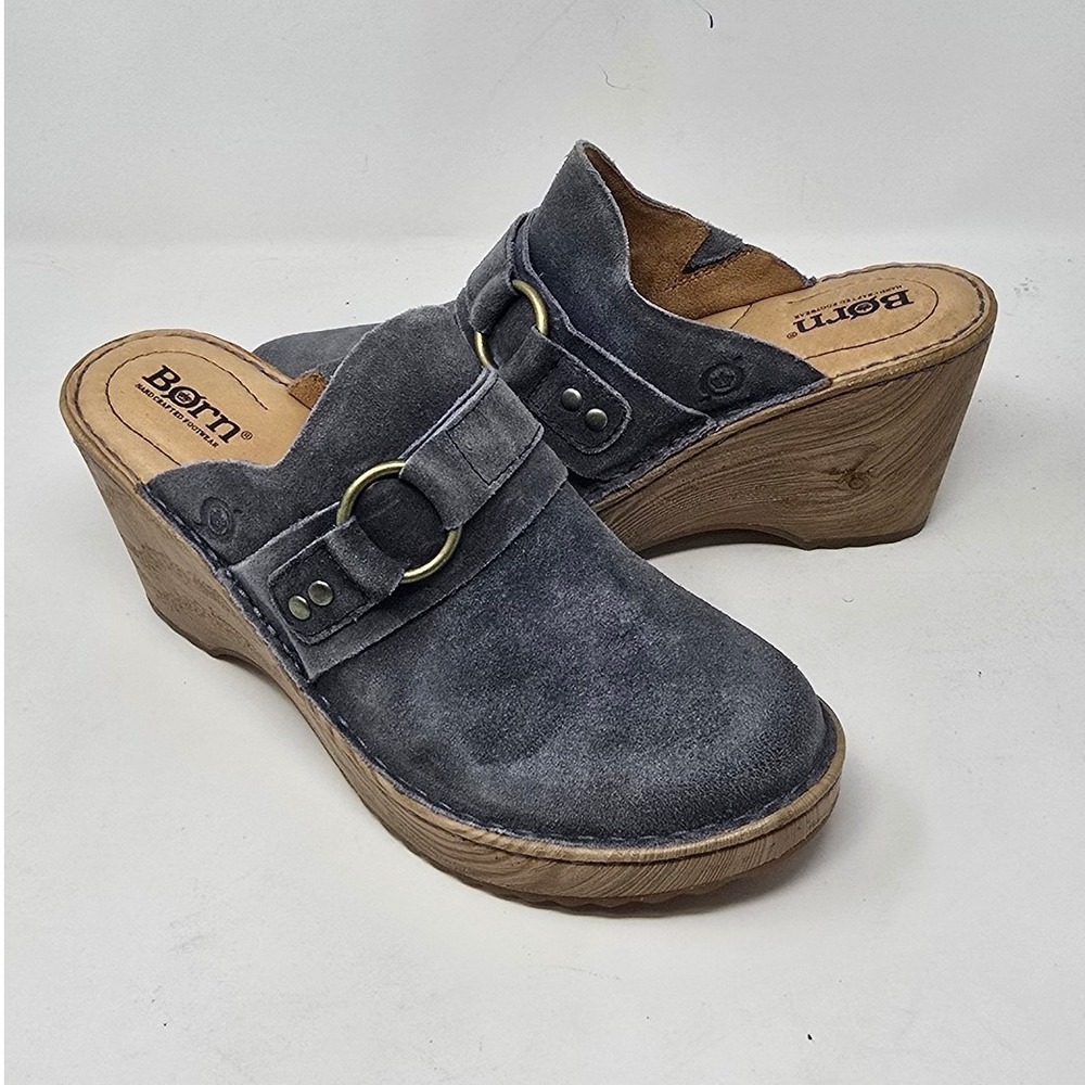 Born women 8 Nolan blue distressed suede wedge clogs mules grunge streetwear